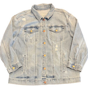 a.n.a Distressed Faded Blue Denim Jacket with Pockets